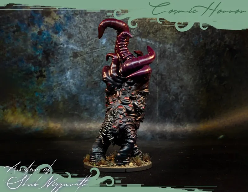 A grotesque miniature of the Avatar of Shub-Niggurath, featuring a bulbous, textured body covered in eyes and spines, stands prominently. Its upper appendages are adorned with long, curling tentacles, colored in deep purples and blacks, giving it a menacing appearance. The base is surrounded by small tufts of grass, set against a dark, atmospheric backdrop that enhances the horror theme.
