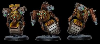A detailed miniature of a robotic character features a round body with a metallic, silver barrel-like base and a prominent, circular golden core. It has two mechanical arms, one equipped with a green-tipped weapon and the other with a series of intricate gears and glowing green eyes. The figure stands on a textured black base, showcasing a weathered, industrial aesthetic with hints of rust and wear.