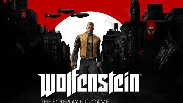 A muscular, blonde male character stands prominently in the foreground, wearing a yellow and black jacket, with a gun in one hand and a determined expression. Behind him, a dark, dystopian cityscape is visible, featuring crumbling buildings and Nazi flags, with ominous airships hovering in the sky. The title "WOLFENSTEIN" is displayed in bold white letters at the bottom, accompanied by the subtitle "THE ROLEPLAYING GAME."