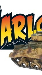 A detailed model of the M3 Grant medium tank is prominently displayed, featuring a camouflage paint scheme with earthy tones. A miniature figure of a soldier wearing a helmet and goggles is positioned on top of the tank, adding a dynamic element to the scene. The background features the bold, stylized text "WARLORD" in vibrant red and yellow, enhancing the overall visual impact.