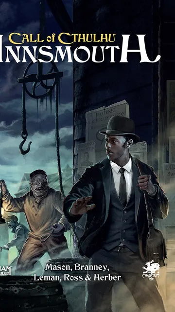 Man in suit and hat, zombie-like figure with lantern, dark street, "Call of Cthulhu Innsmouth" text.