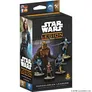 A box for the "Mandalorian Leaders" set from the Star Wars: Legion miniatures game features a vibrant design with the Star Wars logo prominently displayed. The box showcases four miniatures: two armored Mandalorian figures, one in a brown and gold outfit and another in blue armor, alongside two additional characters in distinct outfits. The background includes a stylized interior setting, enhancing the thematic presentation of the Mandalorian universe.