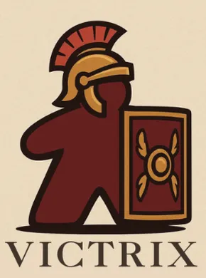 A stylized logo features a red game piece resembling a Roman soldier, complete with a golden helmet and a shield adorned with a decorative emblem. Below the figure, the word "VICTRIX" is displayed in bold, dark lettering. The background is a light beige color, enhancing the logo's vibrant elements.