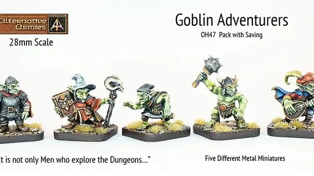 A set of five 28mm scale metal miniatures titled "Goblin Adventurers" features a diverse group of goblins ready for adventure. The characters include a Paladin wielding a shield and sword, a Wizard with a staff, a Thief holding a dagger, a Barbarian with an axe, and a Bard strumming a lute, all displayed on a grassy base. The text highlights that "It is not only Men who explore the Dungeons..." emphasizing the unique theme of this miniature range.