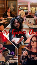 A collage of images from Vampire Games Day II showcases various participants engaged in tabletop roleplaying games in a gothic setting. In the top left, a group of players sits around a table, with a portrait hanging on the wall behind them. The center features a participant with cat-like ears extending a hand, while the bottom left shows a storyteller in a red vest leading a session. The bottom right highlights a player in a black lace outfit, all set against a backdrop of elegant wooden decor and ambient lighting. The title "Vampire Games Day II" is prominently displayed in a bold, red font across the collage.