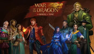 A colorful illustration features several characters from "War of the Dragon: The Wheel of Time," standing together against a textured background. On the left, a woman in a green dress and a man with fiery red hair and a red coat are prominent, while a blue-cloaked figure and others in various outfits represent the diverse cast. The title "WAR OF THE DRAGON" is displayed at the top, accompanied by a dragon emblem, emphasizing the game's epic fantasy theme.