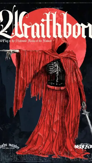 A skeletal figure in a long, tattered red hooded cloak stands against a dark background. The figure holds a sword in its right hand and a skeletal hand in its left. A red crescent moon appears behind the figure. Text at the bottom reads "Theatre Macabre" on the left and "Mörk Borg" on the right.