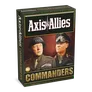 A box for "Axis & Allies: Commanders" features a striking illustration of two historical military leaders. On the left, a U.S. General in a uniform adorned with medals and a helmet, and on the right, a German Field Marshal in a dark uniform with distinctive insignia. The title "Axis & Allies" is prominently displayed at the top, with "COMMANDERS" in bold gold letters at the bottom, and a small age recommendation of "14+" in the lower corner. The background is a gradient of warm colors, enhancing the dramatic presentation.