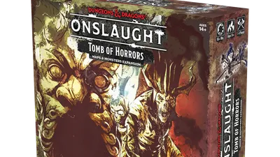 A box for the "Dungeons & Dragons Onslaught: Tomb of Horrors - Maps & Monsters Expansion" features dramatic artwork depicting a menacing demilich and various monstrous figures. The box is predominantly dark with splashes of color, showcasing intricate details of the characters and elements from the dungeon. The title "ONSLAUGHT" is prominently displayed at the top, along with the subtitle and branding for Wizkids.