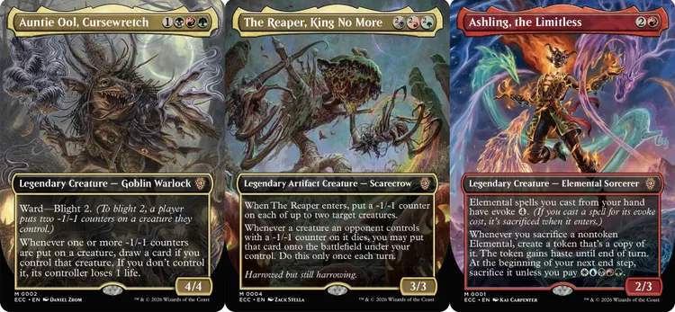 Three Magic: The Gathering cards are displayed side by side. On the left, 