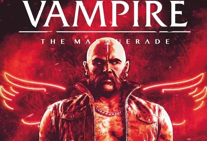 Bald man in leather vest, glowing red wings behind, text "VAMPIRE THE MASQUERADE" above.