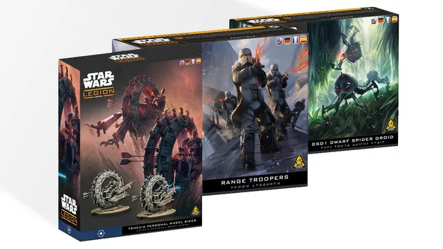 Three boxes of miniatures for Star Wars: Legion are displayed. On the left, the "TEMU-6 Personal Wheel Bikes" box features a dynamic illustration of the bikes, showcasing their all-terrain capabilities. The center box, labeled "Range Troopers," depicts elite stormtroopers in snowy environments, ready for action. The right box, titled "DSD1 Dwarf Spider Droid," illustrates the agile battle droid with its distinctive four-legged design, set against a green backdrop. Each box includes multi-lingual text and updated packaging.