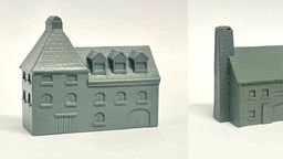 A detailed model of a building designed for 6mm scale wargames, featuring a sloped roof with three dormer windows and a textured surface that resembles slate. The facade includes several arched and rectangular windows, along with a large door at the base, all rendered in a light gray resin. The overall design suggests an industrial style, suitable for various historical or modern warfare settings.
