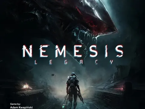 A futuristic, ruined cityscape with a large, menacing mechanical creature looming in the background. A lone, armored figure with a backpack and weapon stands in the foreground, facing the creature. The text "NEMESIS LEGACY" is prominently displayed in bold, glowing letters.