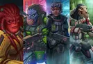 Three characters side by side: left, a red-skinned humanoid with glowing eyes and ornate armor; center, a green-skinned, fanged creature with wild hair, holding a large weapon and wearing a gas mask; right, a human-like figure in futuristic armor with goggles, labeled "9B" on the chest.