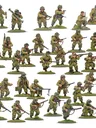 A collection of multi-part plastic miniatures representing US Airborne soldiers in early war, reinforced M42 jump uniforms. The figures are posed in various action stances, showcasing a range of weapons including rifles, submachine guns, and a bazooka, along with additional gear like magazine pouches and a signal lamp. The miniatures are set on grassy bases, highlighting their detailed sculpting and variety within the thirty-man platoon.