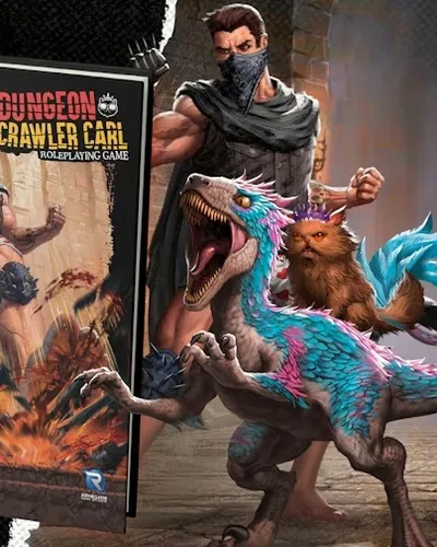 A dynamic scene features the "Dungeon Crawler Carl" core rulebook prominently displayed, showcasing its colorful cover art with a muscular character in a rugged outfit, wielding weapons and surrounded by fantastical creatures. To the right, a fierce-looking dinosaur-like creature with vibrant blue and pink scales stands alongside a small, intelligent-looking cat with a mischievous expression. The background includes a stone dungeon setting, enhancing the adventurous theme of the tabletop roleplaying game and its associated card game, "Unstoppable."