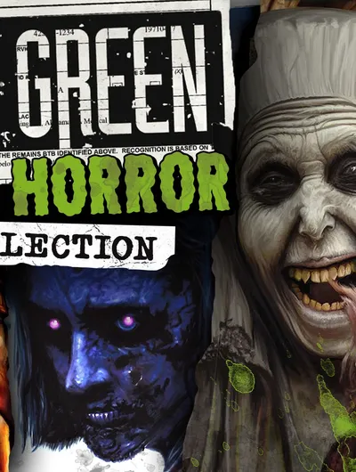 A collage of eerie and unsettling characters from the Delta Green universe, featuring a grotesque, grinning woman with sharp teeth, a shadowy figure with glowing eyes, and a distressed face on the left. The background includes a faded newspaper-style header with the text "DELTA GREEN" prominently displayed, and the words "COSMIC HORROR COLLECTION" in bold green lettering at the bottom. The overall tone is dark and atmospheric, reflecting the themes of horror and conspiracy inherent in the game.