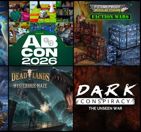 AB CON 2026, Futureproof Modular Terrain Faction Wars, Dead Lands Mysterious Maze, Dark Conspiracy The Unseen War