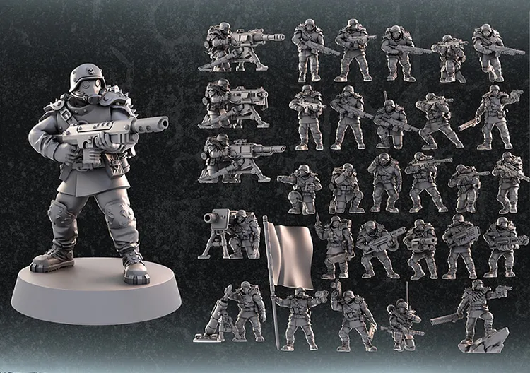 A collection of unpainted sci-fi miniatures is displayed, featuring a central figure in a tactical pose, holding a weapon, and wearing armor with various details. Surrounding this main figure are multiple smaller miniatures, including infantry units, heavy weapon crews, and command squad members, all in a similar design style. The figures are presented in a monochromatic gray, showcasing their intricate sculpting and various poses, set against a dark textured background.