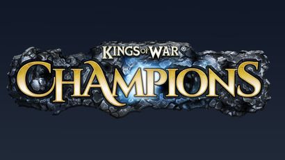 The image features the logo for "Kings of War: Champions," prominently displayed in a bold, stylized font. The word "Champions" is highlighted in a bright yellow color, contrasting against a dark, rocky background that adds a sense of depth and texture. The logo includes the trademark symbol for "Kings of War," indicating its connection to the established game series.