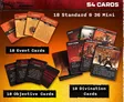 Cards spread on orange background with text "54 Cards 18 Standard & 36 Special 18 Event Cards 18 Objective Cards 18 Divination Cards"