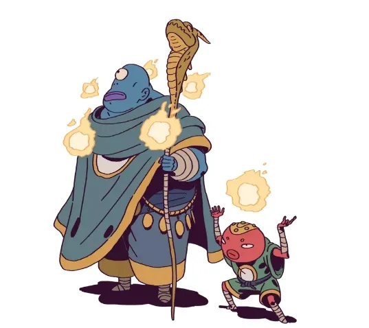 A blue-skinned humanoid figure with a large head, small eyes, and a wide mouth, wearing a long teal and gold robe with circular patterns on the belt. The figure holds a tall staff topped with a coiled snake head, with small flames floating around the staff and the figure's head. Beside them, a small, round, red and green creature with stubby limbs, a wide mouth, and a circular emblem on its chest raises its arms, with small flames floating nearby. Both are standing on a plain white background.
