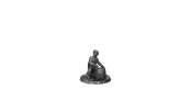 A seated figure holding a suitcase on a round base.
