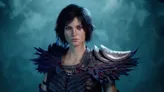Woman with short dark hair, wearing armor with black feathered shoulder guards.