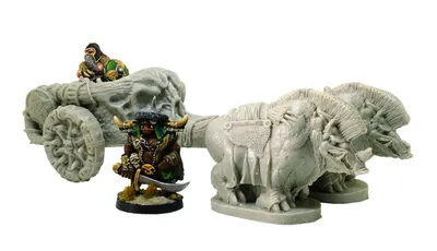 A Razorback Chariot is prominently displayed, featuring a detailed chariot design pulled by two Razorbacks. The chariot is crewed by a charioteer, who is depicted in a dynamic pose, alongside a warrior figure. The overall color scheme is a mix of muted tones, emphasizing the chariot's rugged and battle-ready appearance.