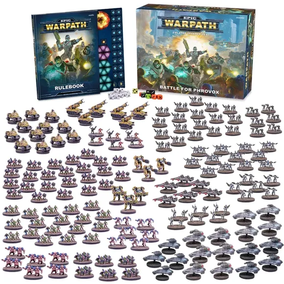 A large collection of 10mm-scale miniatures and game components for the Epic Warpath Battle for Phrovox starter set is displayed. The set includes a rulebook, tokens, and dice, alongside 440 plastic miniatures representing two armies: the Earth’s Enforcers and the Plague. Various types of miniatures are arranged, including infantry, vehicles, and command units, showcasing a diverse array of sci-fi designs and colors.