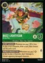 A trading card featuring Buzz Lightyear from Disney's Toy Story, depicted in a dynamic pose as he flies through a vibrant, lush environment filled with green foliage and colorful flowers. The card displays his name "BUZZ LIGHTYEAR" prominently at the top, along with his attributes: 4 strength and 2 willpower. Below, two abilities are listed: "SECRET MISSION" and "WORLD'S GREATEST TOY," detailing gameplay mechanics. The card is illustrated by Max Grecke and includes the Disney Lorcana branding.