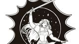 A dynamic black and white illustration features a heroic female figure wielding a sword, poised in an action stance. She has long flowing hair and is adorned in a detailed outfit, with intricate designs visible on her sleeves and waist. The background includes a circular motif filled with stars, surrounded by a jagged, starburst-like outline, enhancing the sense of movement and energy in the scene.