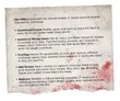 Stained paper background with red splatter marks resembling blood. The visible text reads:

"Ink Ribbon embraces the beloved tropes of classic survival-horror videogames, including:

- Limited Resources: Bullets, guns, and healing items are hard to come by so you better make them count!

- Inventory Management: Use an iconic slot-based inventory system to manage your gear. Find backpacks, pouches, and holsters to expand your inventory and even add new Quick Item slots — never be caught unarmed!

- Crafting: Search for gunpowder, alcohol, and various coloured medicinal plants, then combine them together to craft new items to help you survive.

- Safe Rooms: Take a moment’s reprieve from the chaos to heal your wounds and count your bullets. Why don’t the monsters follow you inside? Cause that’s the rules.

- Stalkers: Whether a fedora-wearing mountain of muscle or a shrieking monstrosity that’s afraid of light, your nemesis pursues you throughout the city."