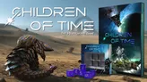 Children of Time: The Roleplaying Game, book covers, dice, and a desert scene with a creature and a dome.