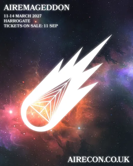 Airemaggeddon 11-14 March 2027 Harrogate Tickets on sale: 11 Sep, white logo, space background