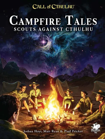 A group of young scouts sits around a campfire, illuminated by its warm glow against a starry night sky filled with swirling cosmic colors. They are dressed in scout uniforms, with tents set up in the background, creating a sense of adventure and camaraderie. The title "CAMPFIRE TALES: SCOUTS AGAINST CTHULHU" is prominently displayed at the top, along with the names of the authors at the bottom.