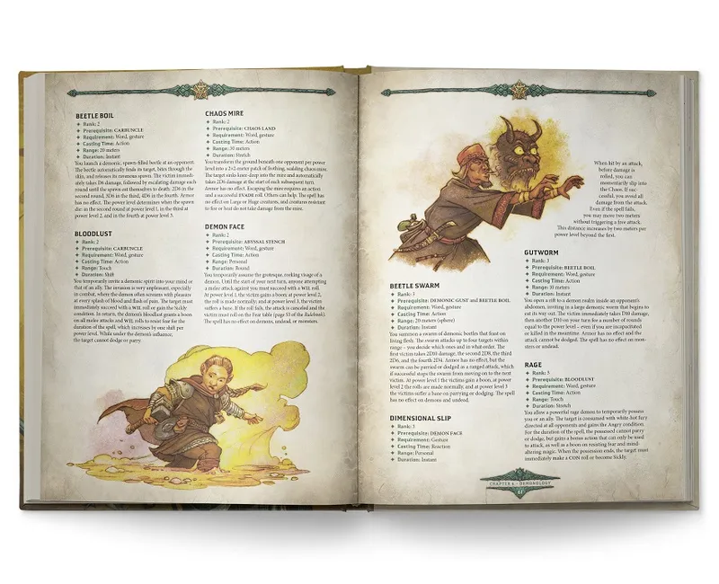 Open book with text and illustrations of fantasy spells and characters.