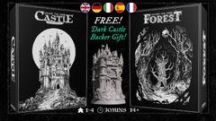 The image features promotional artwork for two tabletop games: "Escape the Dark Castle" Second Edition on the left, showcasing a detailed black-and-white illustration of a gothic castle against a full moon. In the center, a three-dimensional miniature of the Dark Castle is displayed, highlighting its intricate design. On the right, the title "Escape the Dark Forest" is presented with a dark, ominous illustration, suggesting a foreboding atmosphere. The text "FREE! Dark Castle Backer Gift!" is prominently featured, along with icons representing different languages at the top.
