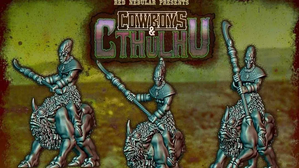 Humanoid aliens with spears riding horned, alien horses