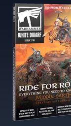 The cover of White Dwarf issue 510 features two mounted warriors from the Lord of the Rings universe, prominently showcasing a Rohirrim rider in vibrant armor and a flowing cape, alongside another figure in a more regal pose. The title "RIDE FOR ROHAN" is boldly displayed at the top, with additional text indicating the issue's focus on the Middle-earth Strategy Battle Game. The background depicts a dramatic landscape, enhancing the epic theme of the magazine. The overall color scheme combines earthy tones with striking highlights, creating an engaging visual for fans of the tabletop gaming hobby.