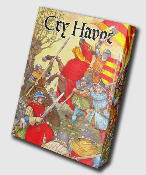 A vibrant box cover for the game "Cry Havoc" features a chaotic medieval battle scene. Various armored figures, including knights and foot soldiers, engage in combat, wielding swords and shields, while a large figure in a red cloak commands attention in the center. The background includes trees and a colorful banner, enhancing the dynamic atmosphere of the artwork.