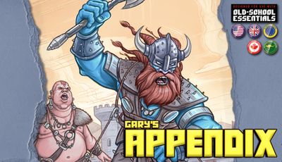 A muscular giant with a long red beard and a horned helmet wields a large weapon, showcasing a fierce expression. He is dressed in armor adorned with spikes and is set against a light-colored background that suggests a fantasy landscape. The title "GARY'S APPENDIX" is prominently displayed at the bottom in bold yellow letters, accompanied by icons indicating its compatibility with Old-School Essentials.