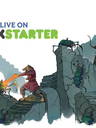 A colorful illustration features a fantasy scene with three characters engaged in a battle against large, menacing spiders. On the left, a humanoid figure with a wolf-like head casts a spell, emitting flames towards a spider. In the center, a character in green attire stands ready with a bow, while on the right, another character, dressed in armor, prepares for combat. The background consists of rocky terrain, enhancing the adventurous atmosphere, with the text "LIVE ON KICKSTARTER" prominently displayed above.