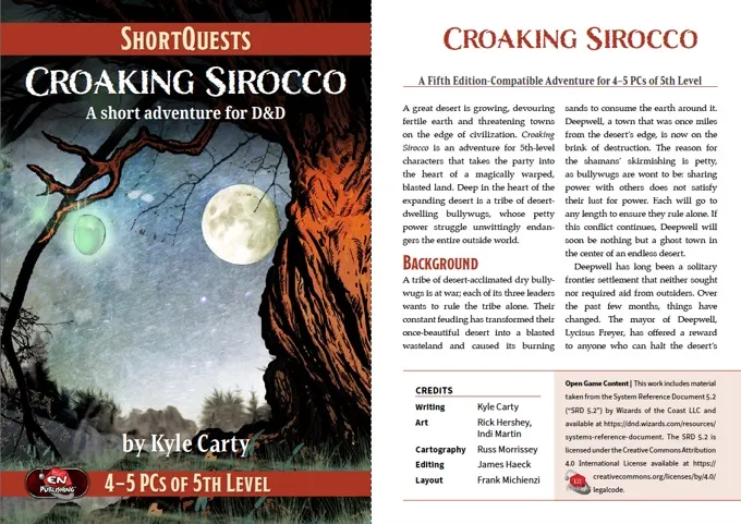 A cover design for "Croaking Sirocco," part of the ShortQuests series for Dungeons & Dragons, features a vibrant desert landscape with a large, glowing moon and twisted trees. The title is prominently displayed at the top, with a subtitle indicating it is a short adventure for 4-5 players of 5th level. The background includes a brief description of the adventure's setting and credits for the contributors, all set against a visually striking backdrop that captures the essence of a mysterious and threatening environment.