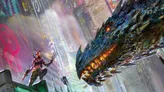 A futuristic cityscape at night with neon lights. A character in purple armor and green camo, holding clawed gauntlets and a firearm, stands on a rooftop. A large, shadowy dragon-like creature looms nearby.