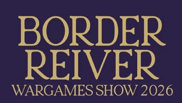 The text features the words "BORDER REIVER WARGAMES SHOW 2023" in large, bold, golden letters against a dark purple background. The design emphasizes the event's name, making it prominent and eye-catching. The overall aesthetic conveys a sense of importance and excitement for the wargaming community.