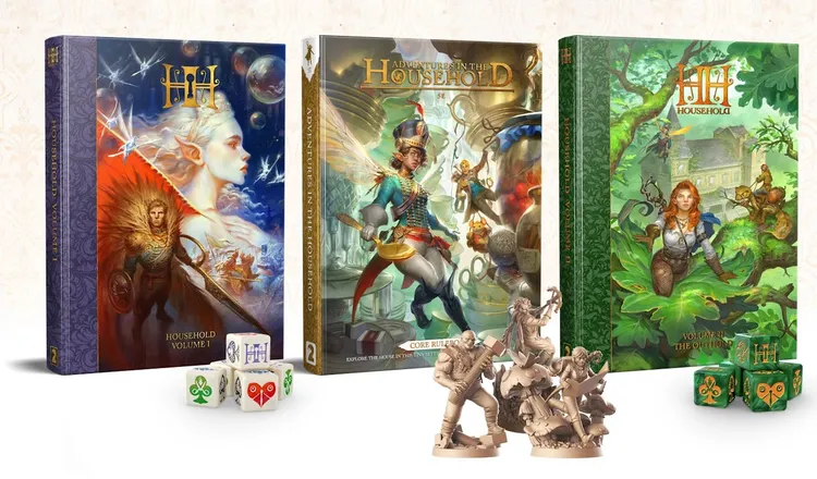 Three roleplaying game books are displayed prominently: 