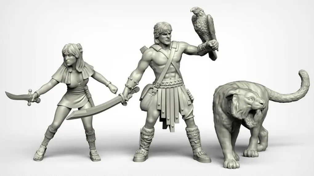 A set of three fantasy miniatures features a muscular male hero wielding a sword and holding a falcon, alongside a svelte female character brandishing a dagger. Both figures are depicted in a dynamic pose, showcasing intricate details in their clothing and accessories, reminiscent of 80s high-fantasy cinema. The miniatures are presented in a light gray color, highlighting their sculptural features.