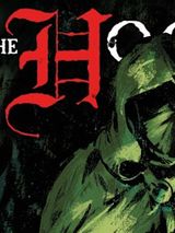 A close-up of the cover art for "The Hooded Man," featuring a mysterious figure in a dark green hooded cloak, partially obscured by shadows. The title is prominently displayed in bold red lettering, with the word "Hood" stylized to emphasize its significance. The background is dark and atmospheric, enhancing the sense of intrigue and adventure associated with the game.